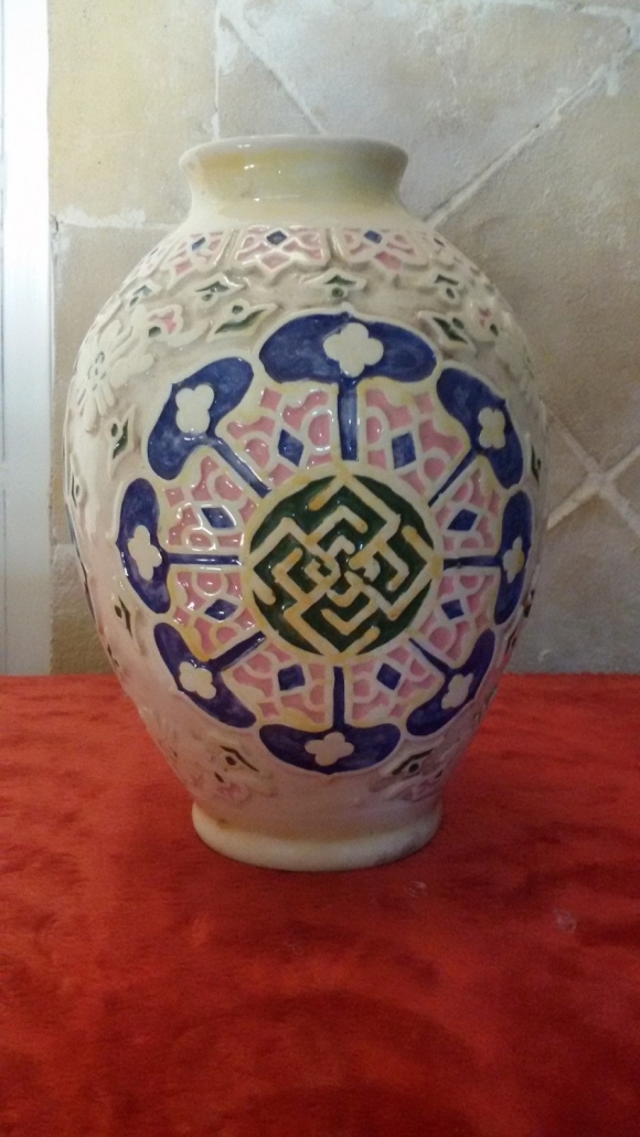 Hand-Painted Islamic Geometric Ceramic Vase (Cream, Cobalt & Green)