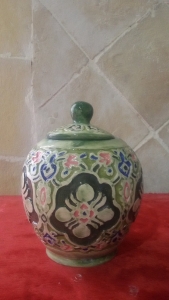 Hand-Painted Lidded Ceramic Jar with Traditional Floral Motifs (Green & Multi-Color)
